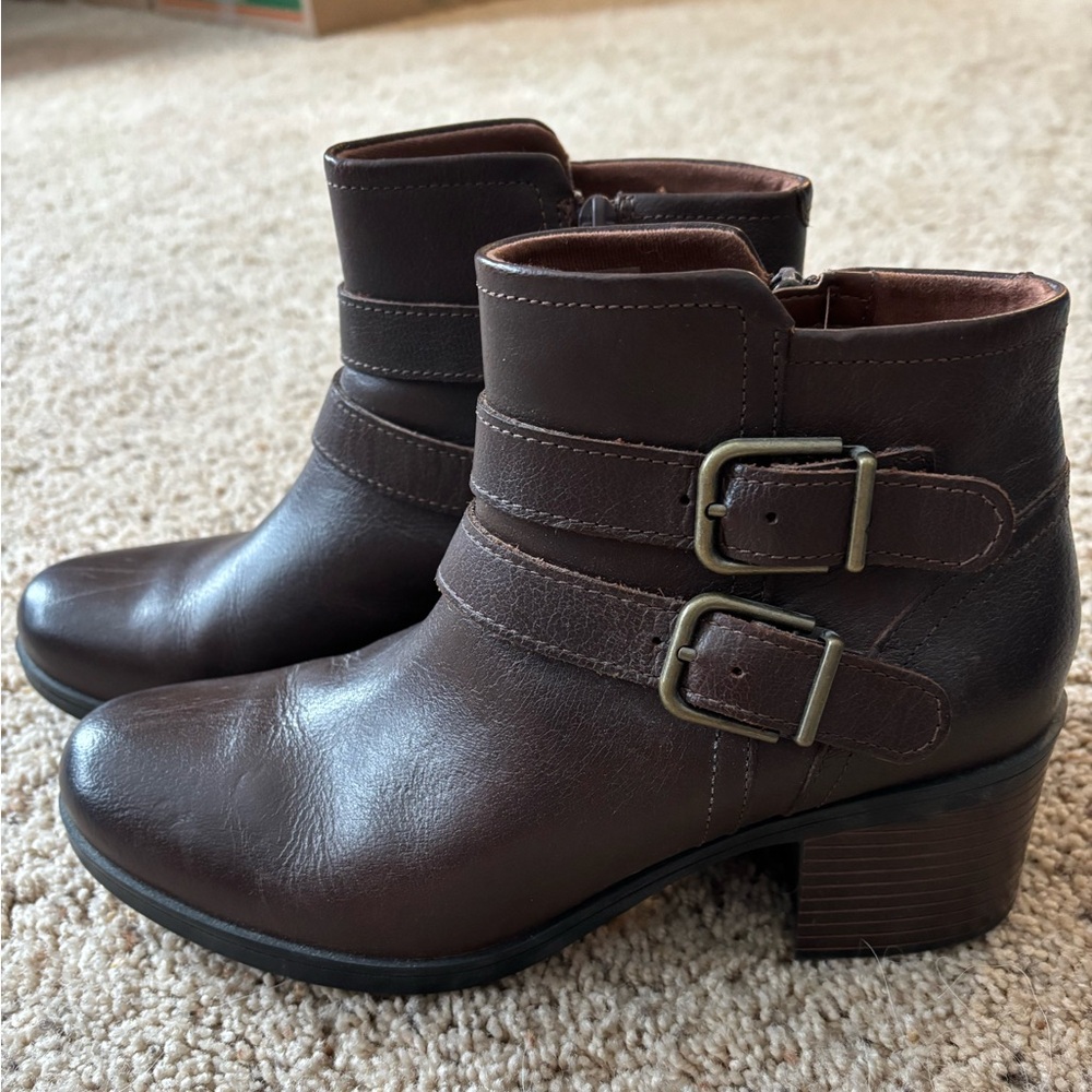 Clarks Dark Brown Ankle Booties with Buckle Detail